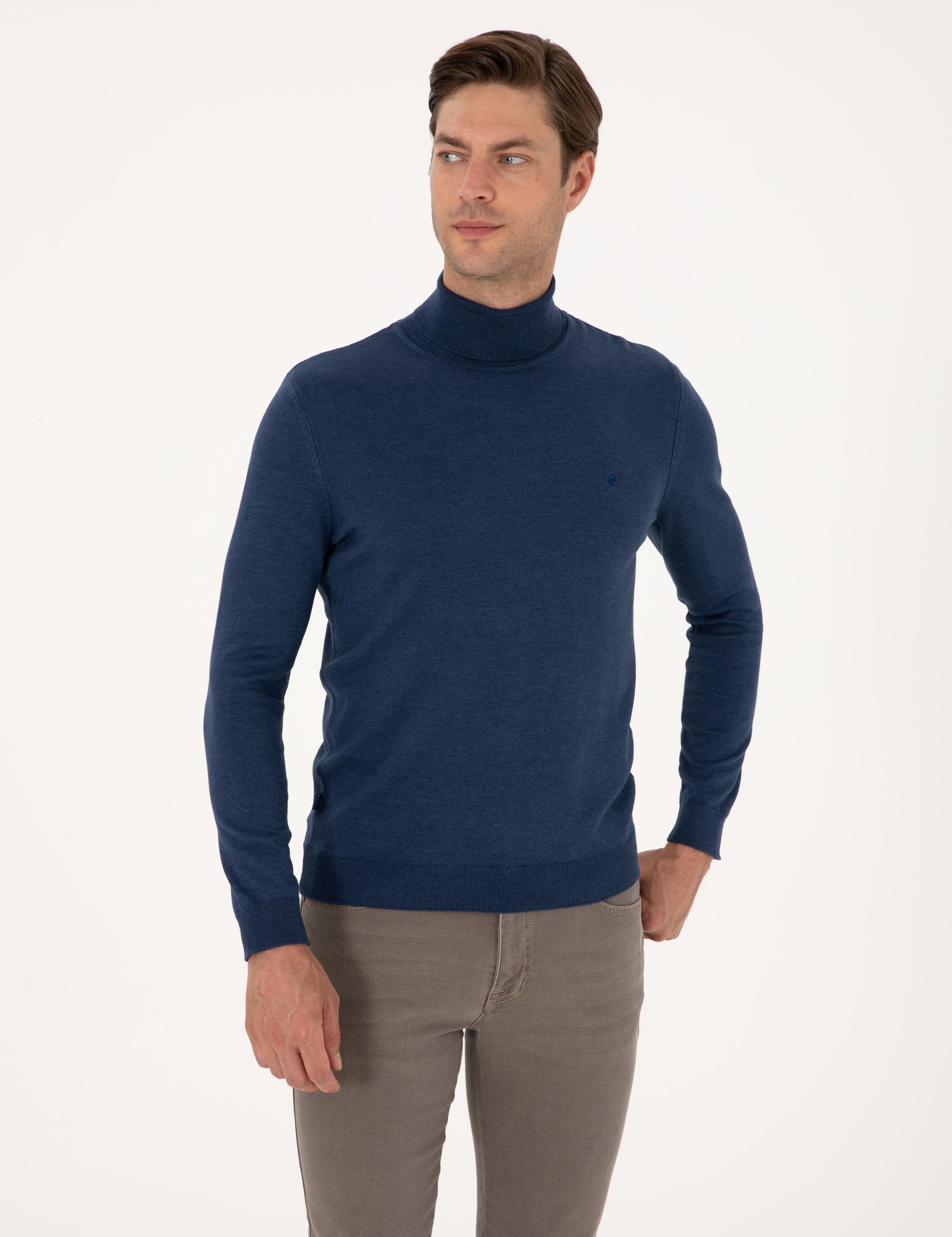 İndigo Melanj Slim Fit Balıkçı Yaka Basic Triko Kazak