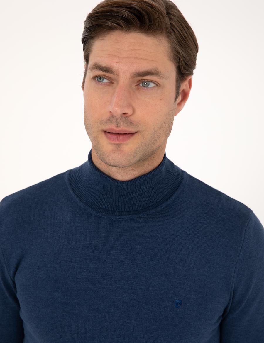 İndigo Melanj Slim Fit Balıkçı Yaka Basic Triko Kazak