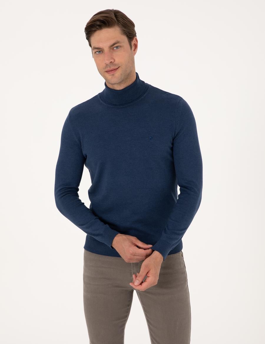 İndigo Melanj Slim Fit Balıkçı Yaka Basic Triko Kazak