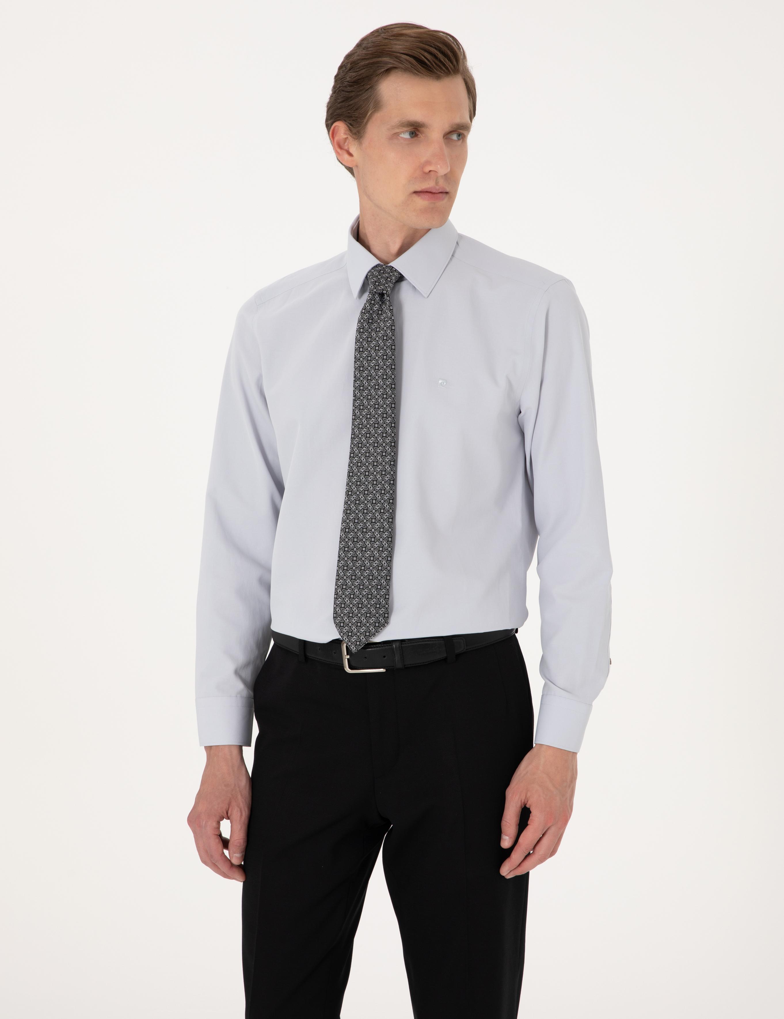 Açık Gri Slim Fit Uzun Kollu Basic Gömlek