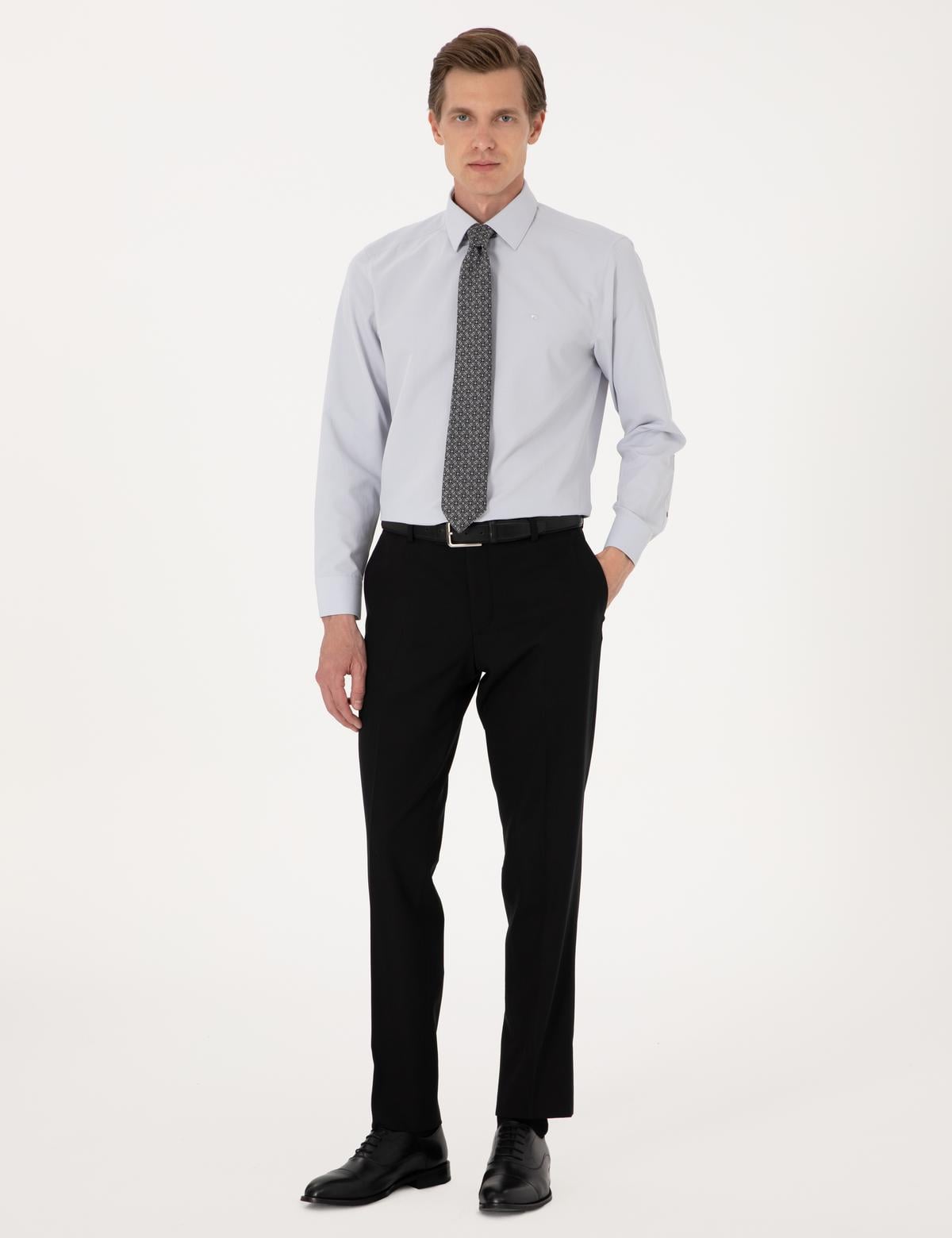 Açık Gri Slim Fit Uzun Kollu Basic Gömlek - 50316734028