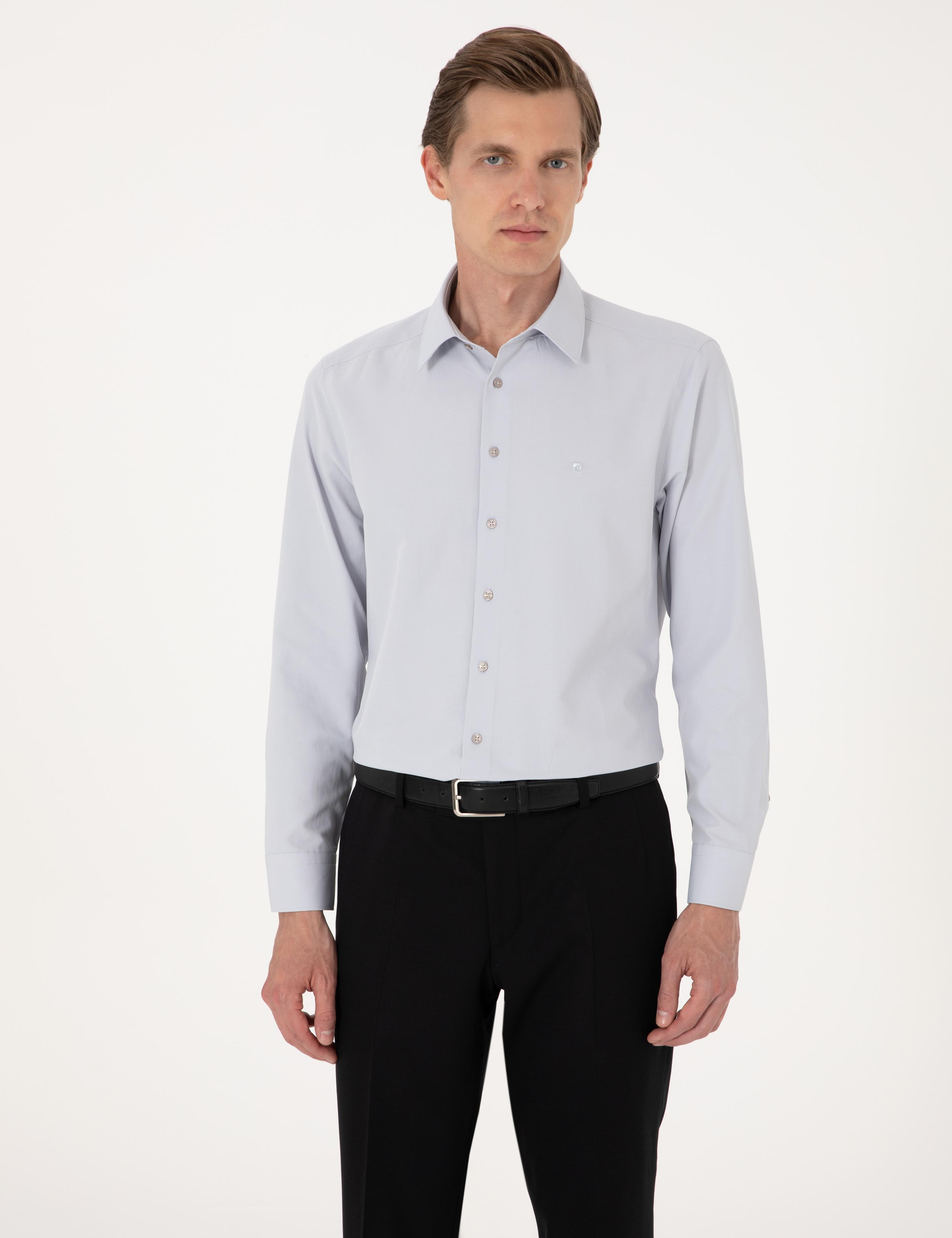 Açık Gri Slim Fit Uzun Kollu Basic Gömlek