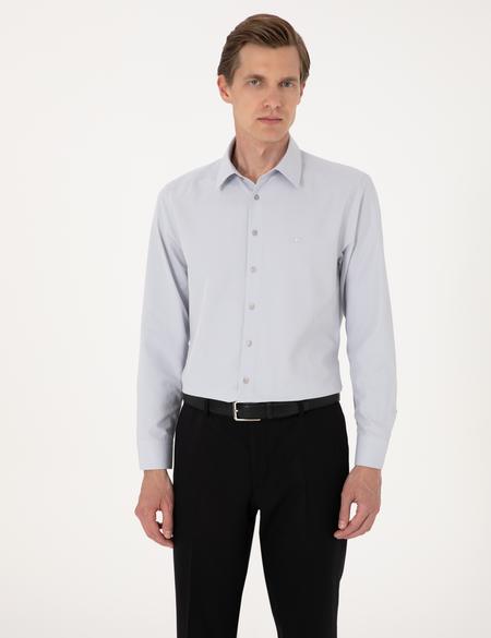 Açık Gri Slim Fit Uzun Kollu Basic Gömlek - 50316734028