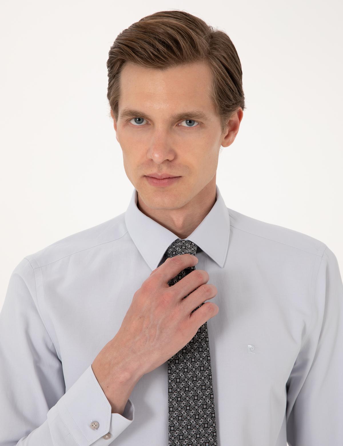 Açık Gri Slim Fit Uzun Kollu Basic Gömlek - 50316734028