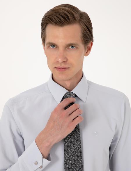 Açık Gri Slim Fit Uzun Kollu Basic Gömlek - 50316734028