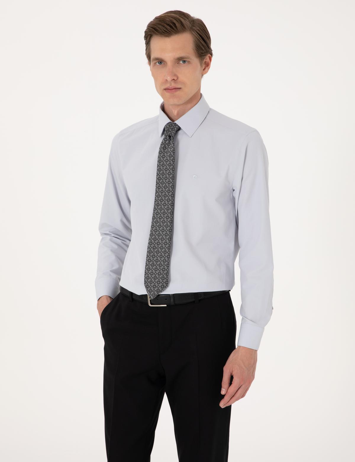 Açık Gri Slim Fit Uzun Kollu Basic Gömlek