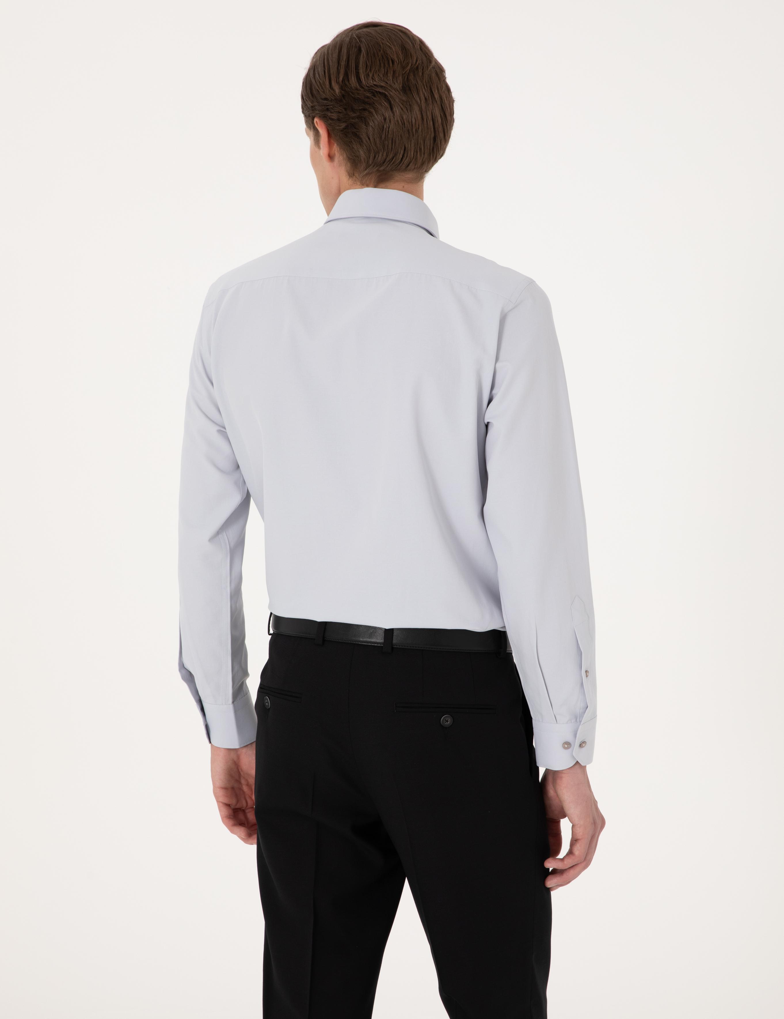 Açık Gri Slim Fit Uzun Kollu Basic Gömlek