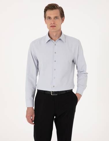 Açık Gri Regular Fit Uzun Kollu Basic Gömlek