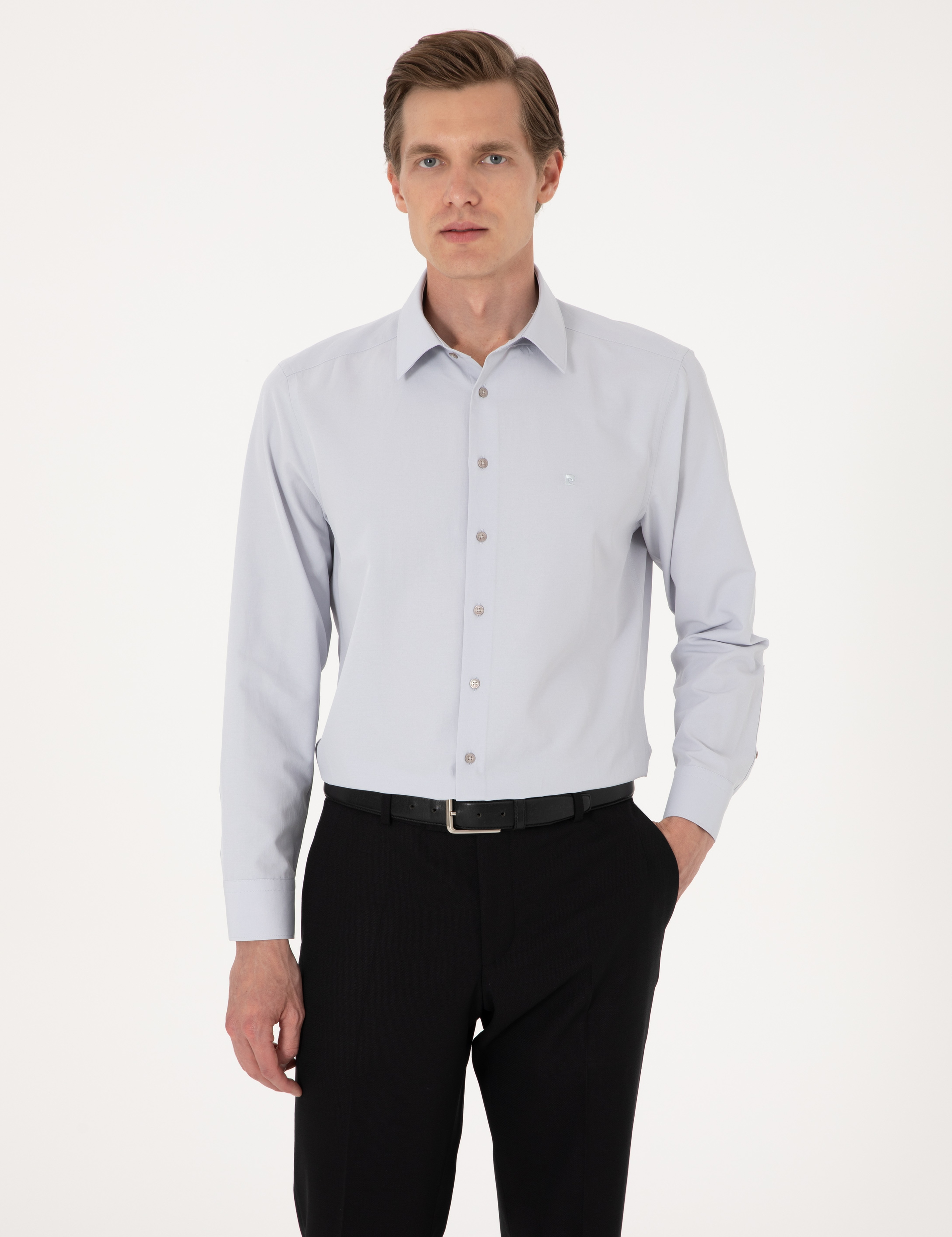 Açık Gri Regular Fit Uzun Kollu Basic Gömlek - Image 3