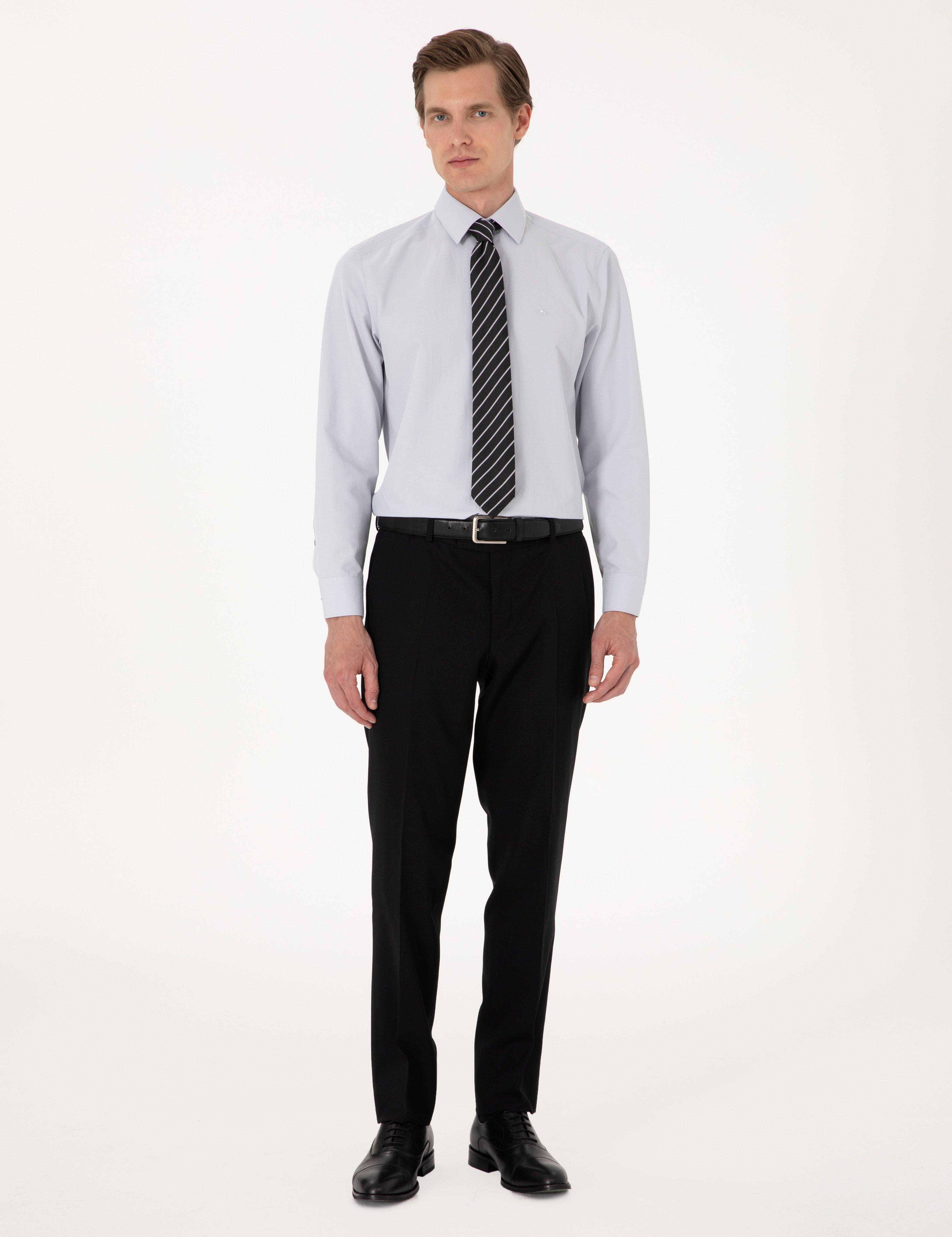 Açık Gri Regular Fit Uzun Kollu Basic Gömlek - Image 5