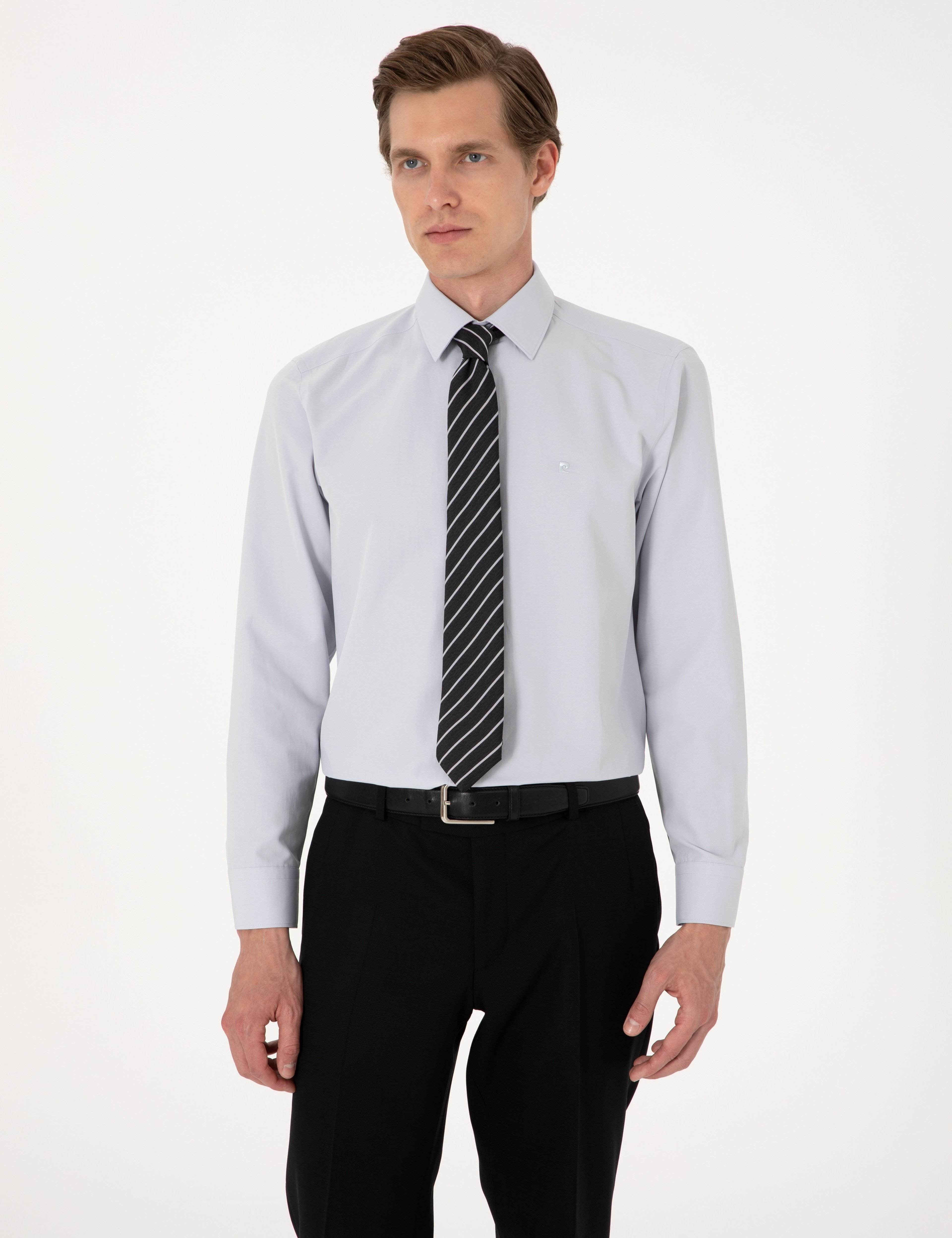 Açık Gri Regular Fit Uzun Kollu Basic Gömlek - Image 1