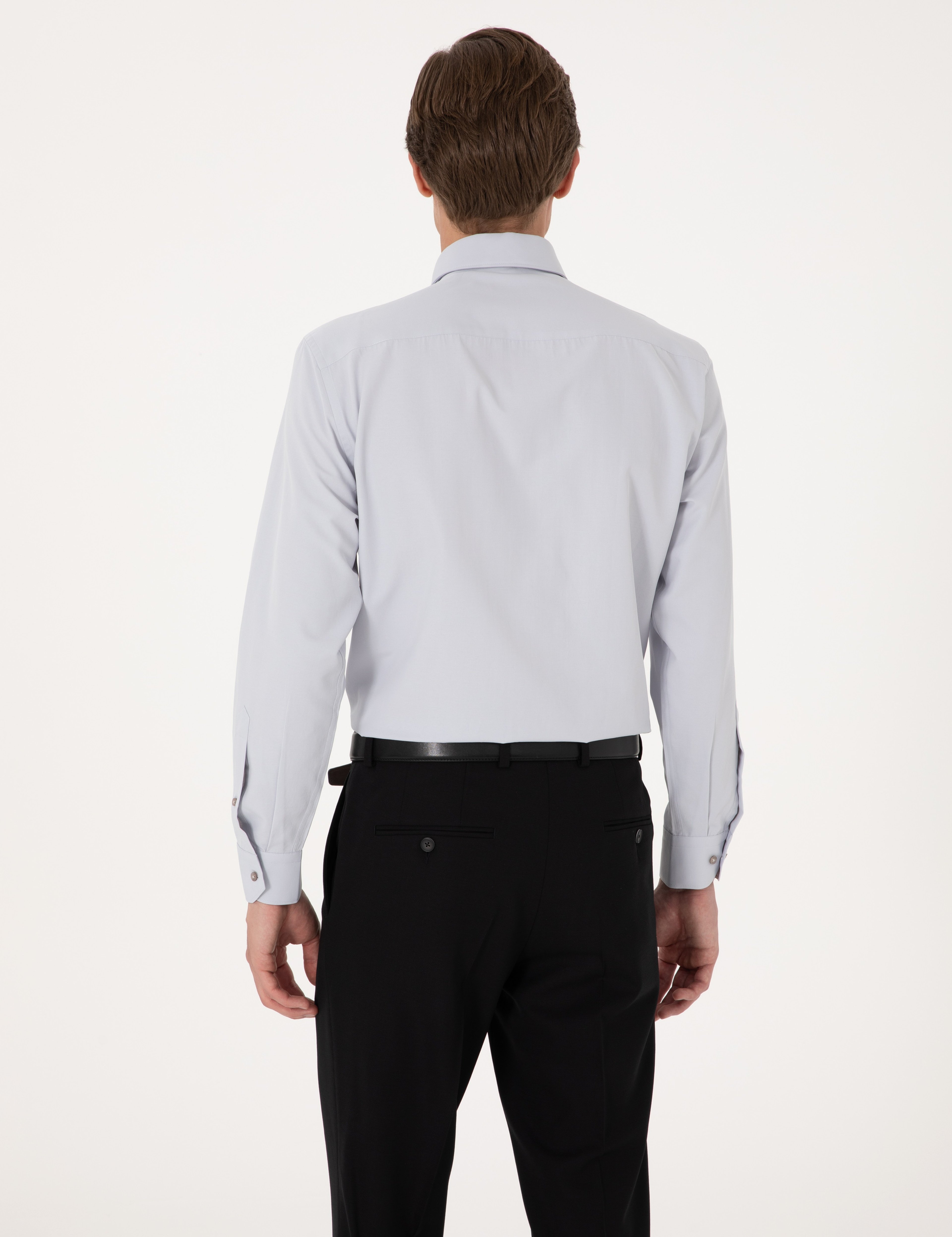 Açık Gri Regular Fit Uzun Kollu Basic Gömlek - Image 6