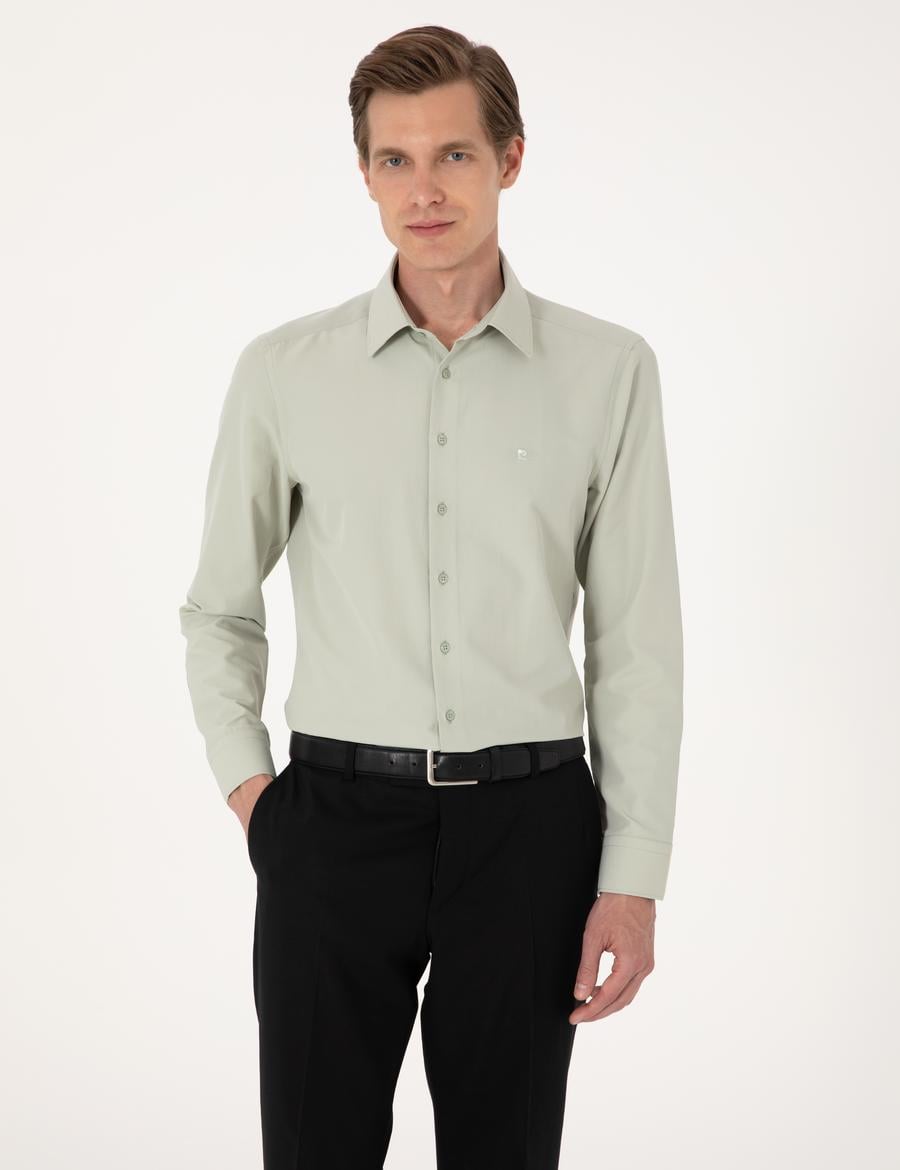 Yeşil Slim Fit Uzun Kollu Basic Gömlek