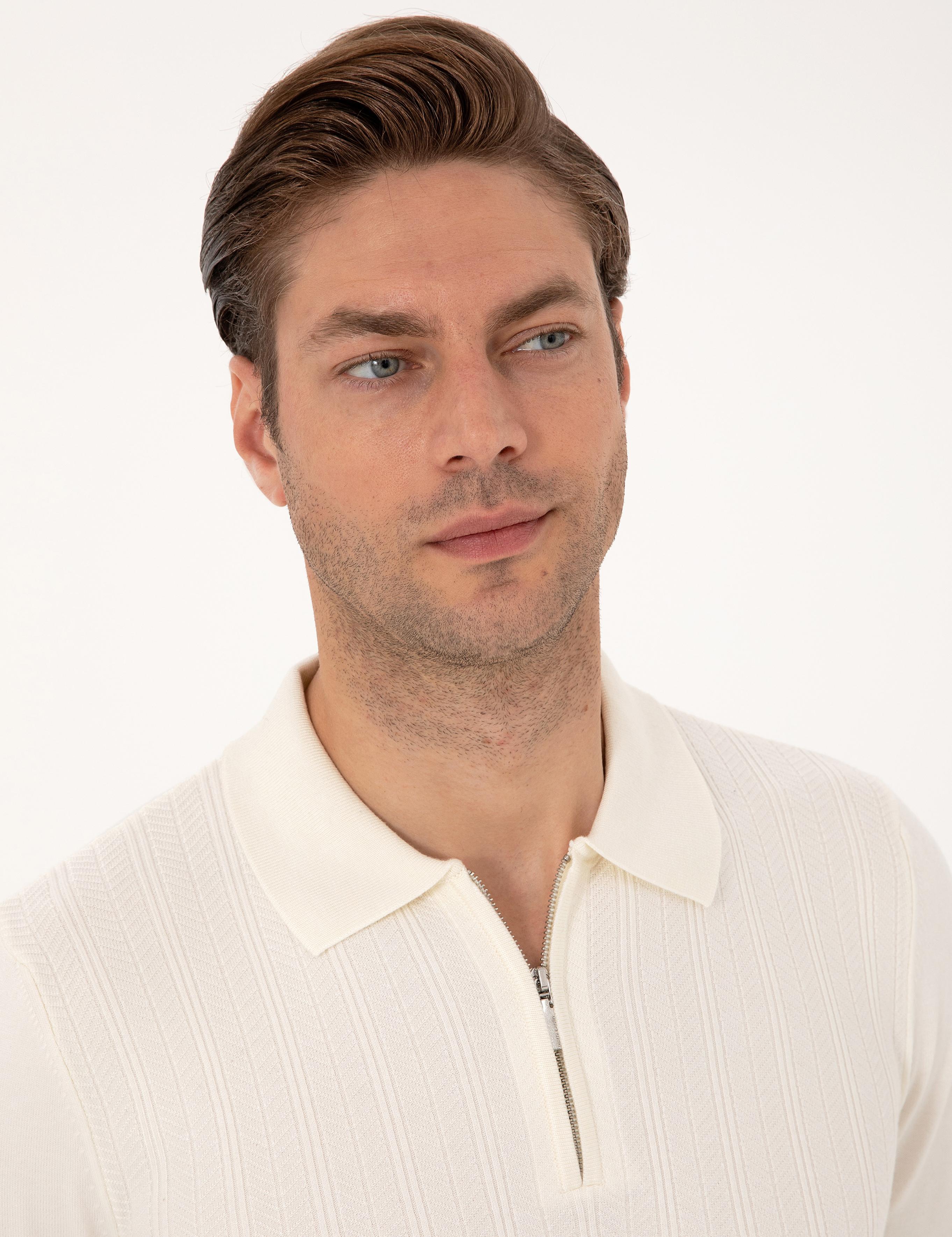 Ekru Regular Fit Polo Yaka Fermuarlı Triko Kazak