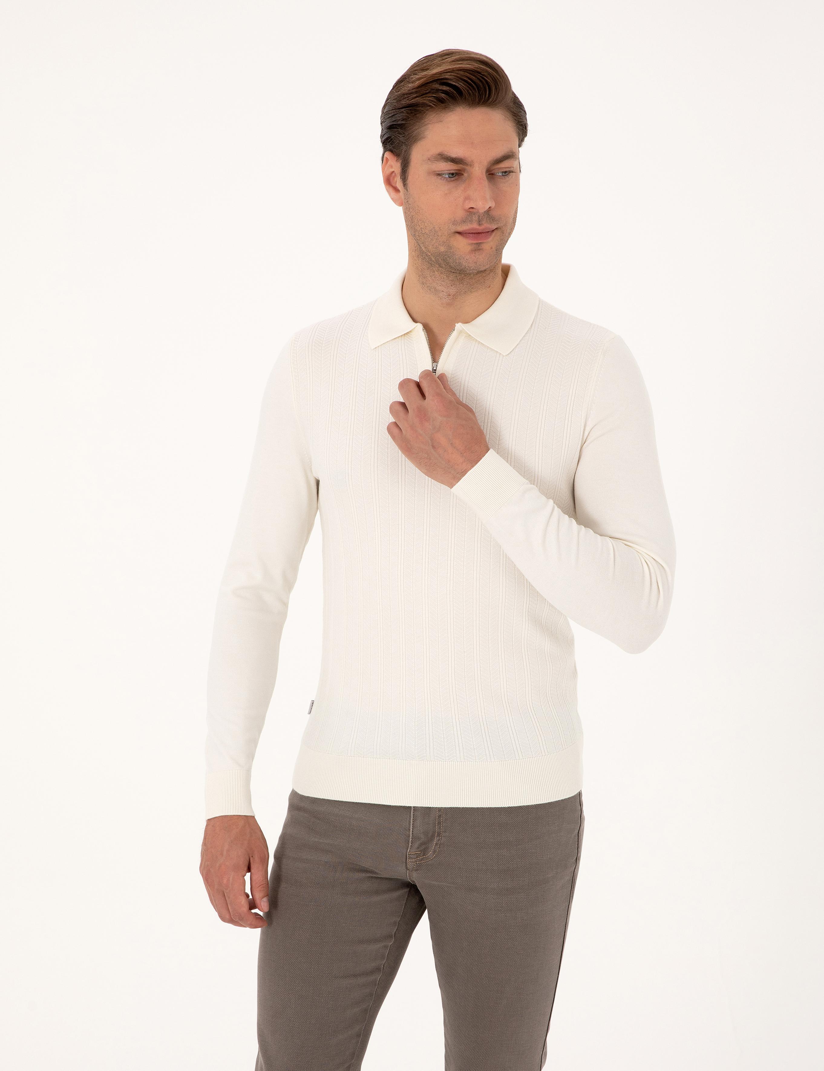 Ekru Regular Fit Polo Yaka Fermuarlı Triko Kazak