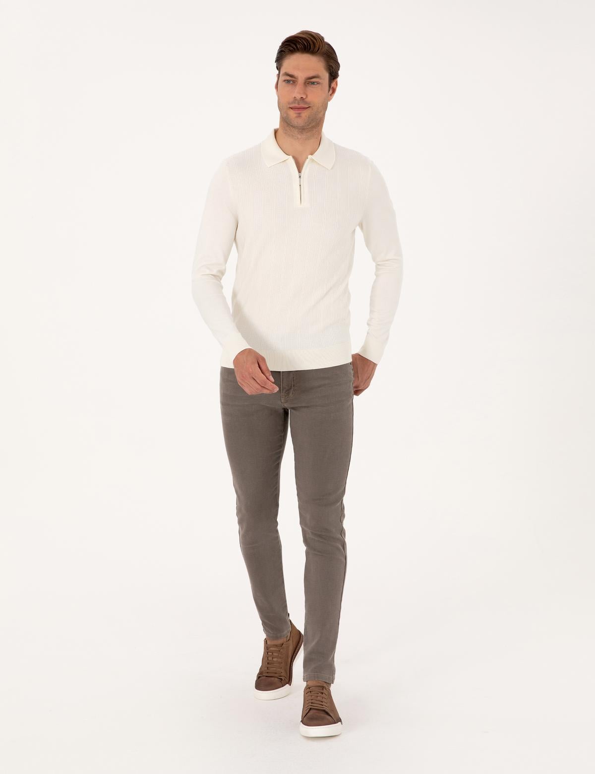 Ekru Regular Fit Polo Yaka Fermuarlı Triko Kazak - 50315729001