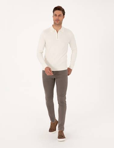 Ekru Regular Fit Polo Yaka Fermuarlı Triko Kazak