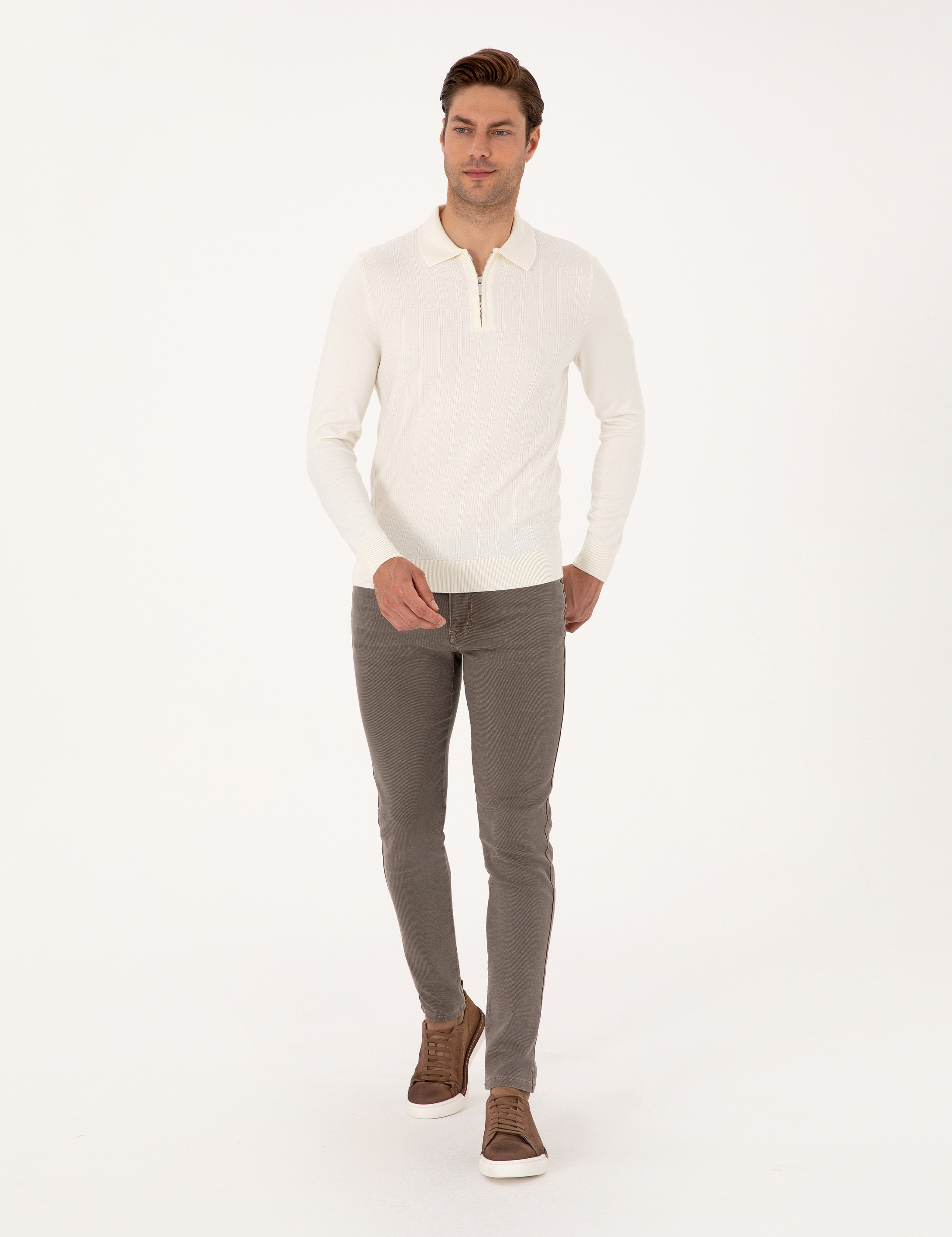 Ekru Regular Fit Polo Yaka Fermuarlı Triko Kazak - Image 4
