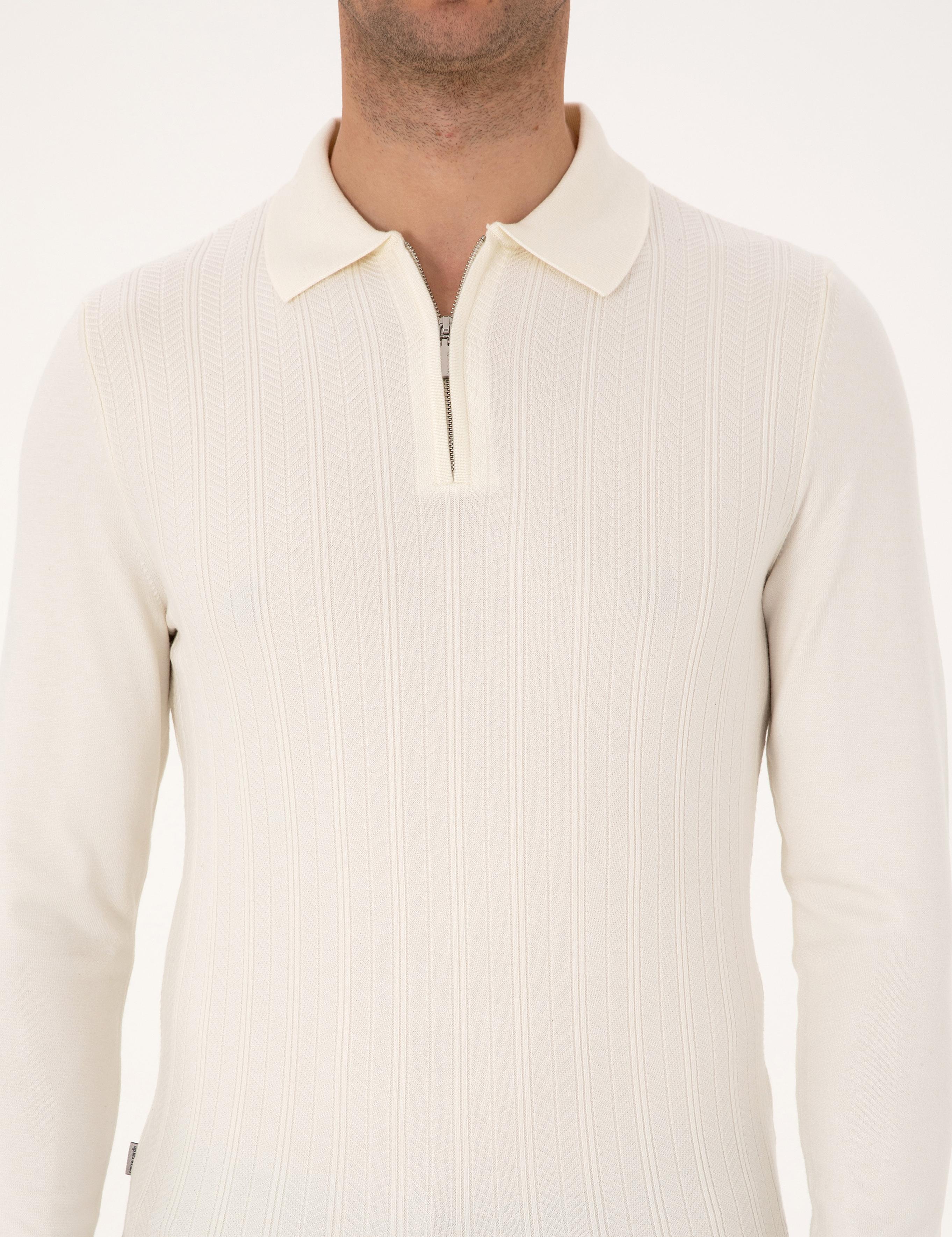 Ekru Regular Fit Polo Yaka Fermuarlı Triko Kazak