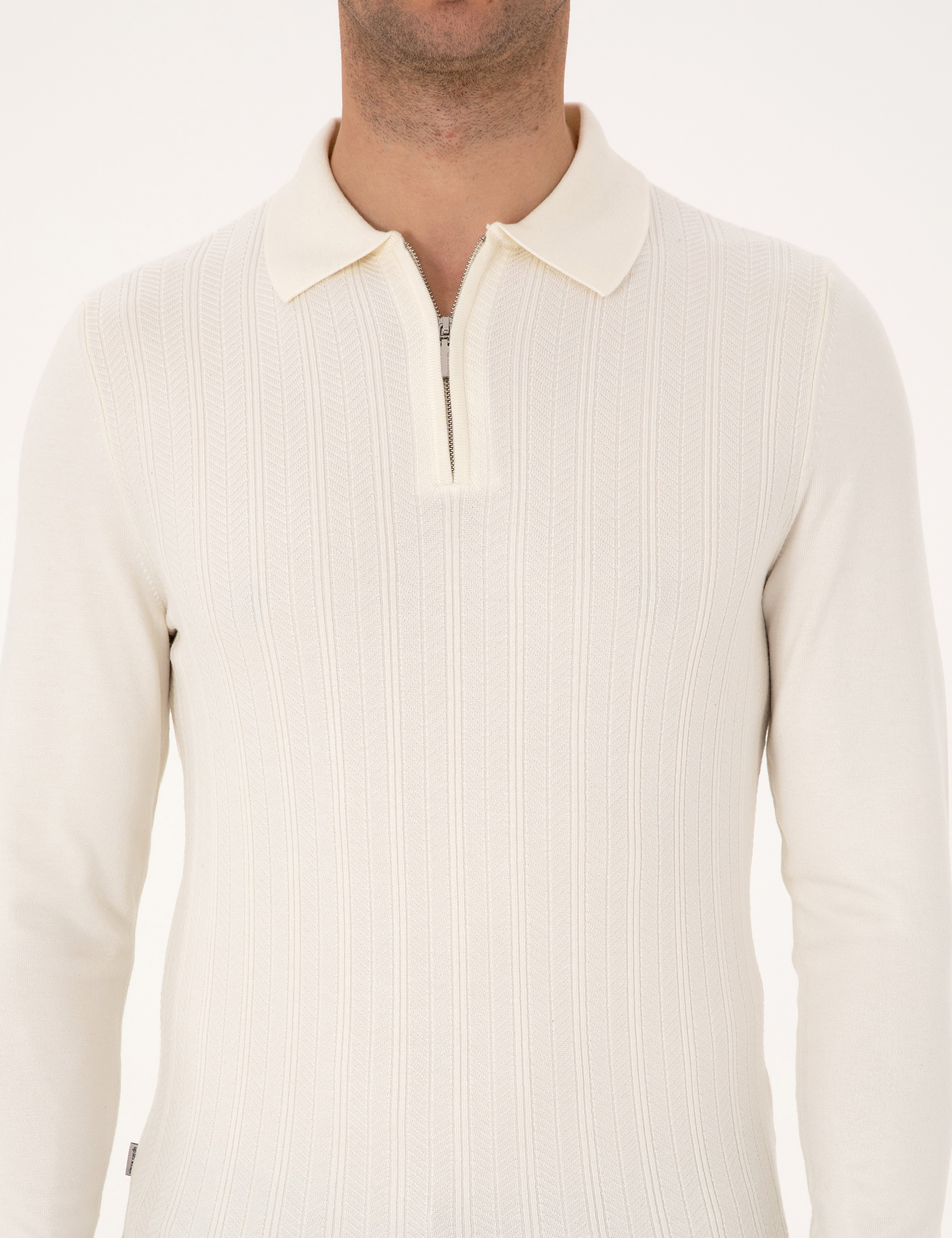 Ekru Regular Fit Polo Yaka Fermuarlı Triko Kazak - Image 6