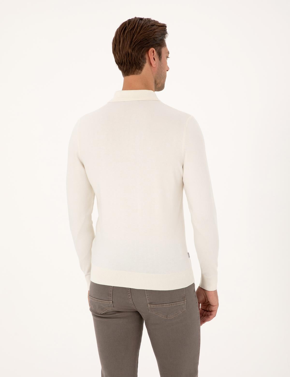 Ekru Regular Fit Polo Yaka Fermuarlı Triko Kazak - 50315729001