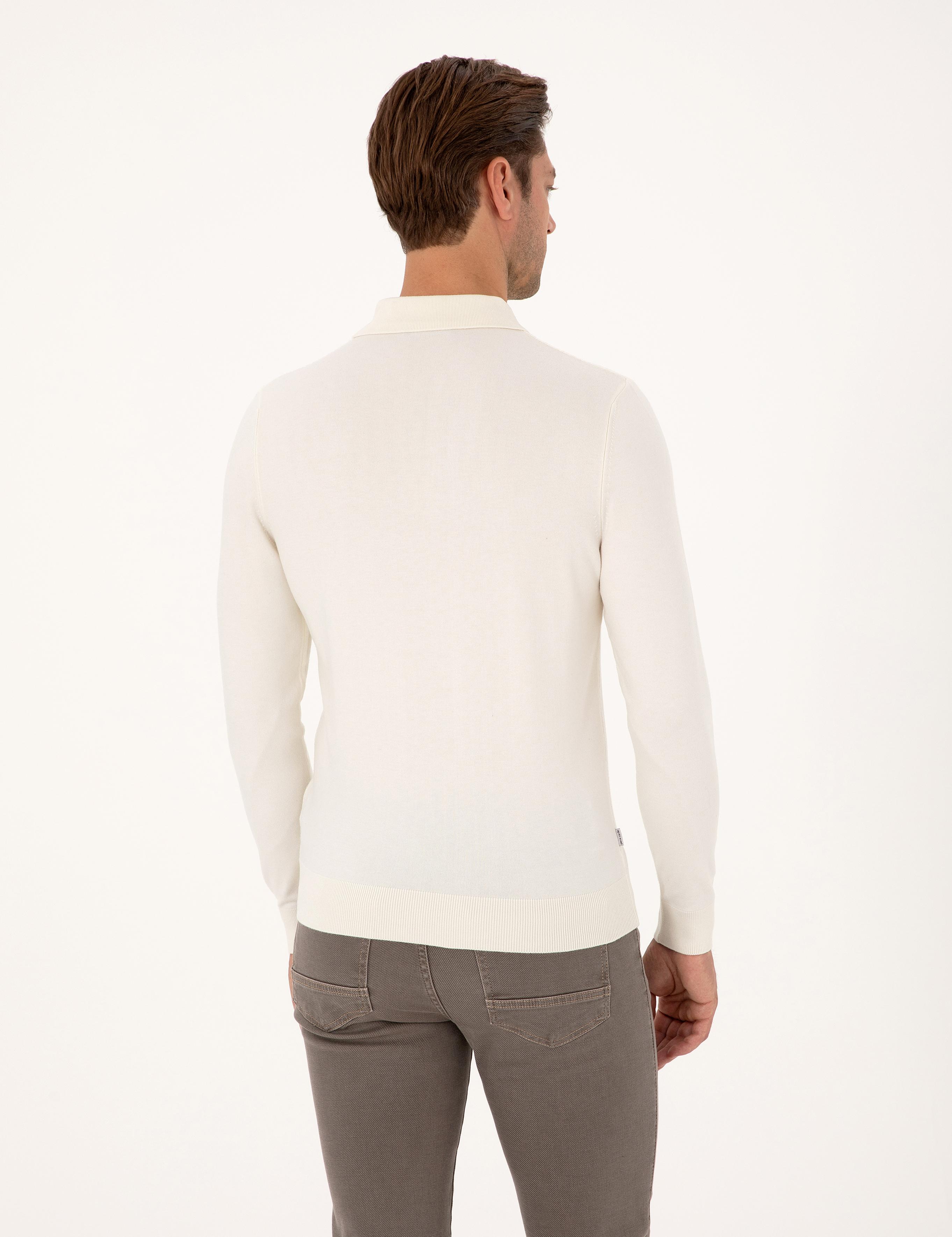 Ekru Regular Fit Polo Yaka Fermuarlı Triko Kazak