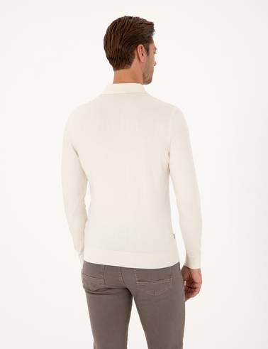 Ekru Regular Fit Polo Yaka Fermuarlı Triko Kazak