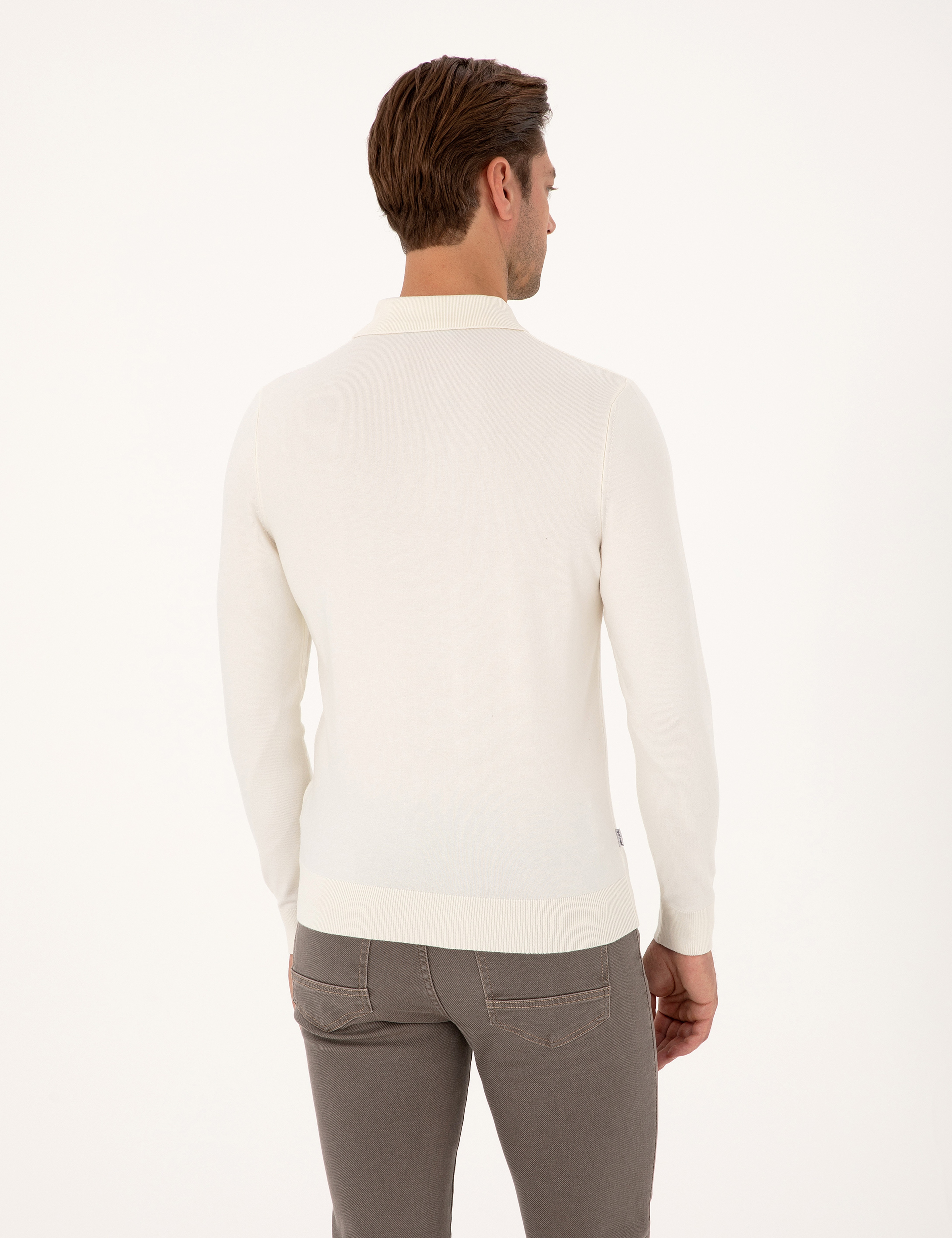 Ekru Regular Fit Polo Yaka Fermuarlı Triko Kazak - Image 5