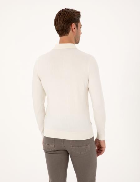 Ekru Regular Fit Polo Yaka Fermuarlı Triko Kazak - 50315729001