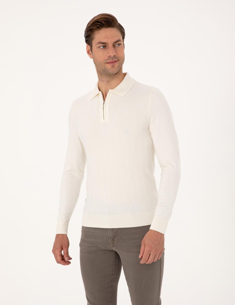 Ekru Regular Fit Polo Yaka Fermuarlı Triko Kazak