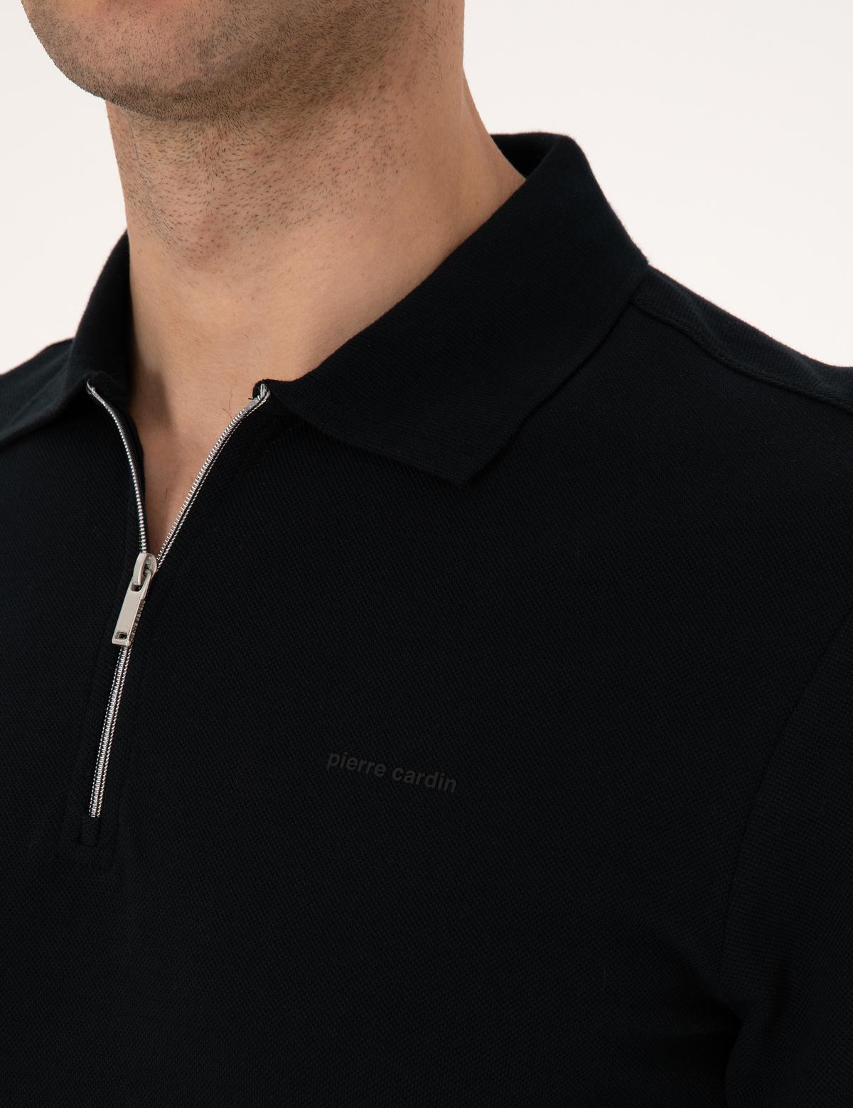 Siyah Slim Fit Kıvrılmaz Fermuarlı Polo Yaka Basic Pike Sweatshirt - 50314046007