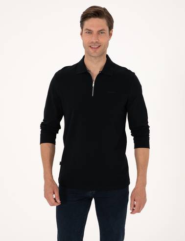 Siyah Slim Fit Kıvrılmaz Fermuarlı Polo Yaka Basic Pike Sweatshirt