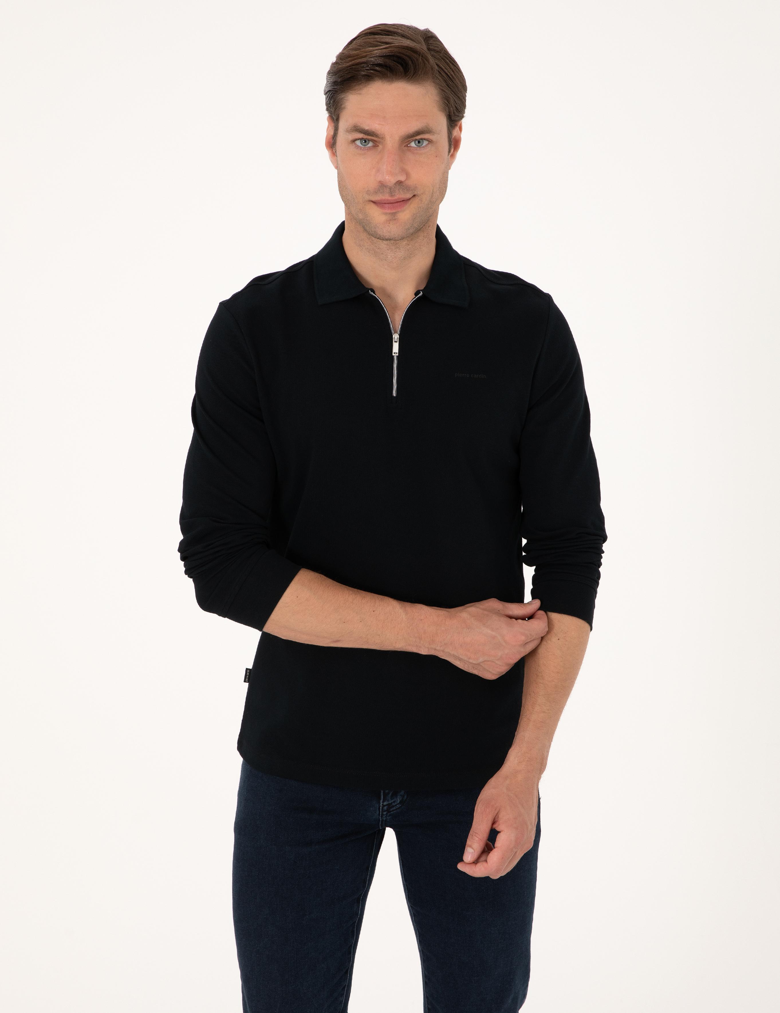 Siyah Slim Fit Kıvrılmaz Fermuarlı Polo Yaka Basic Pike Sweatshirt