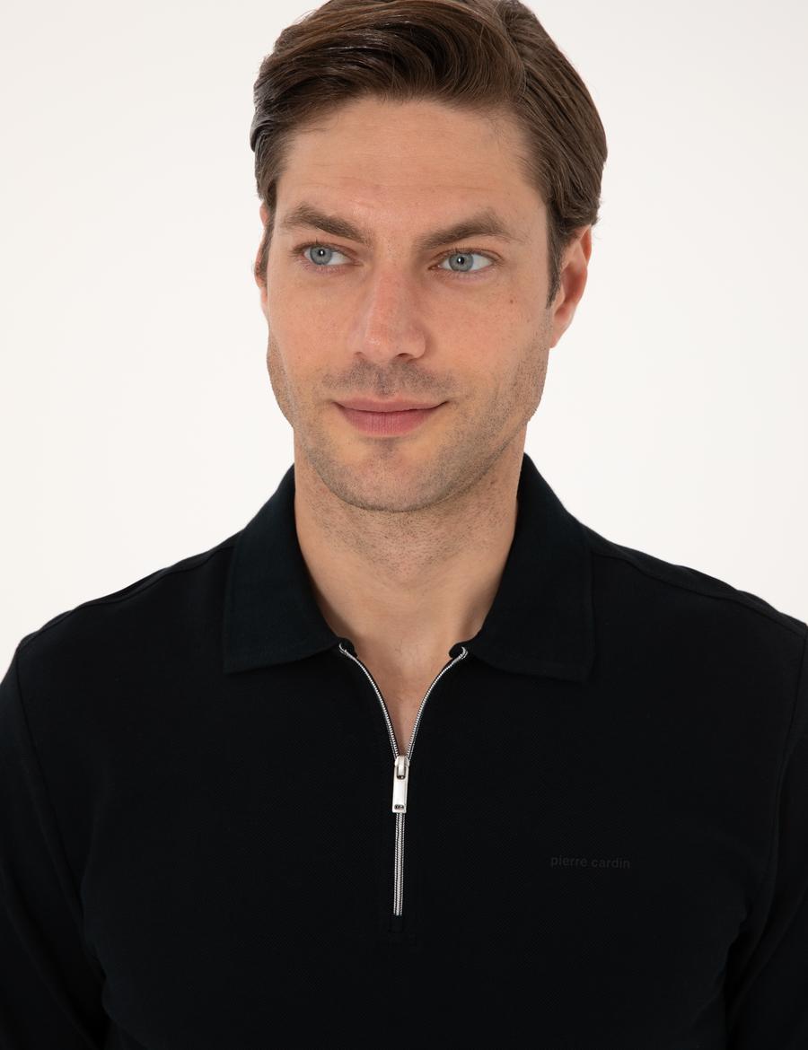 Siyah Slim Fit Kıvrılmaz Fermuarlı Polo Yaka Basic Pike Sweatshirt