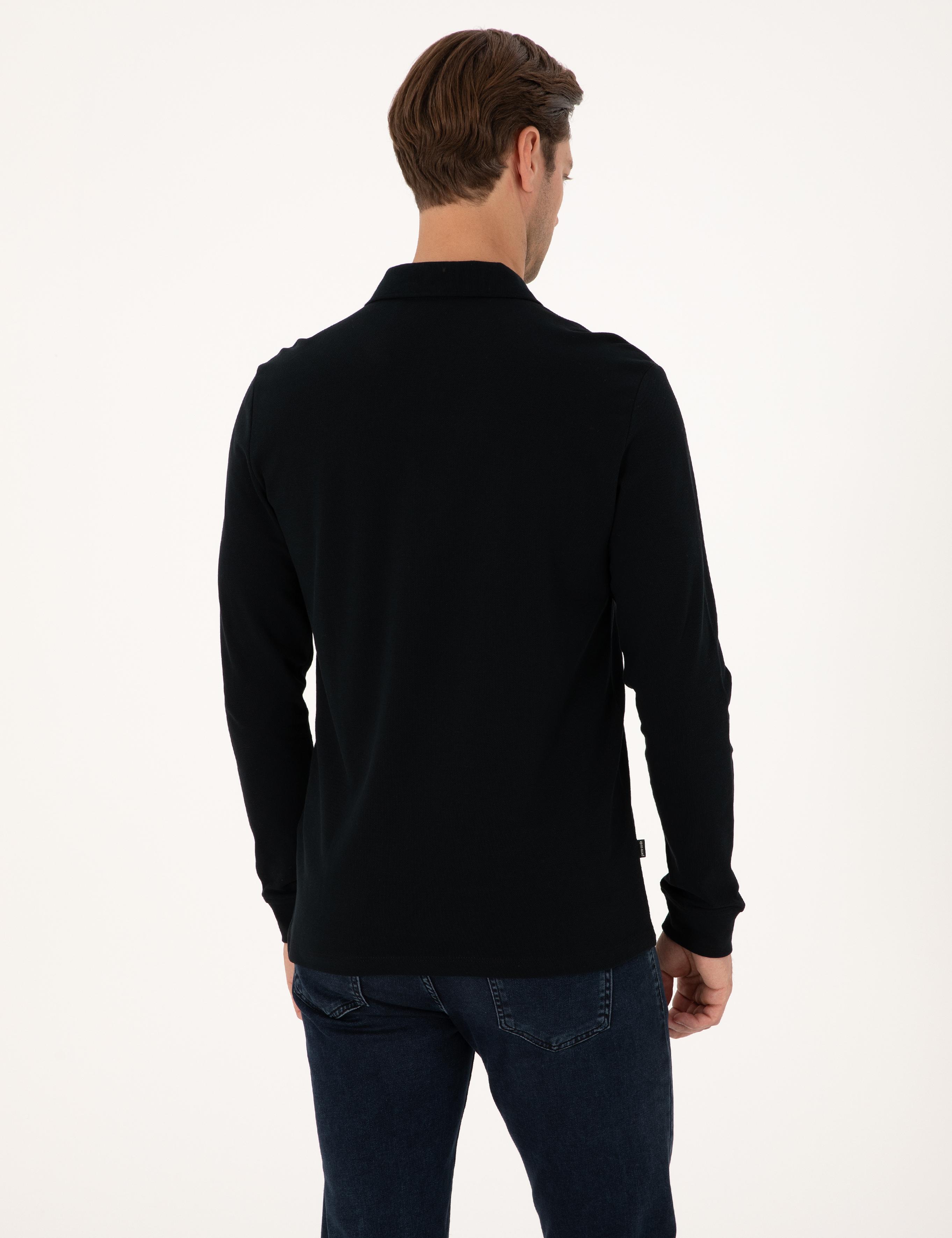 Siyah Slim Fit Kıvrılmaz Fermuarlı Polo Yaka Basic Pike Sweatshirt