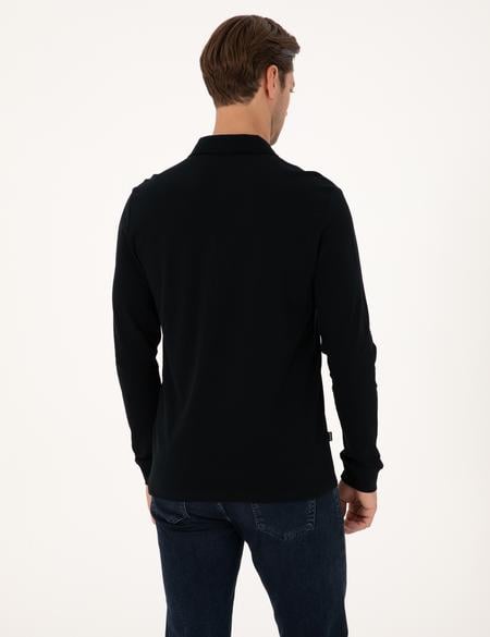 Siyah Slim Fit Kıvrılmaz Fermuarlı Polo Yaka Basic Pike Sweatshirt - 50314046007