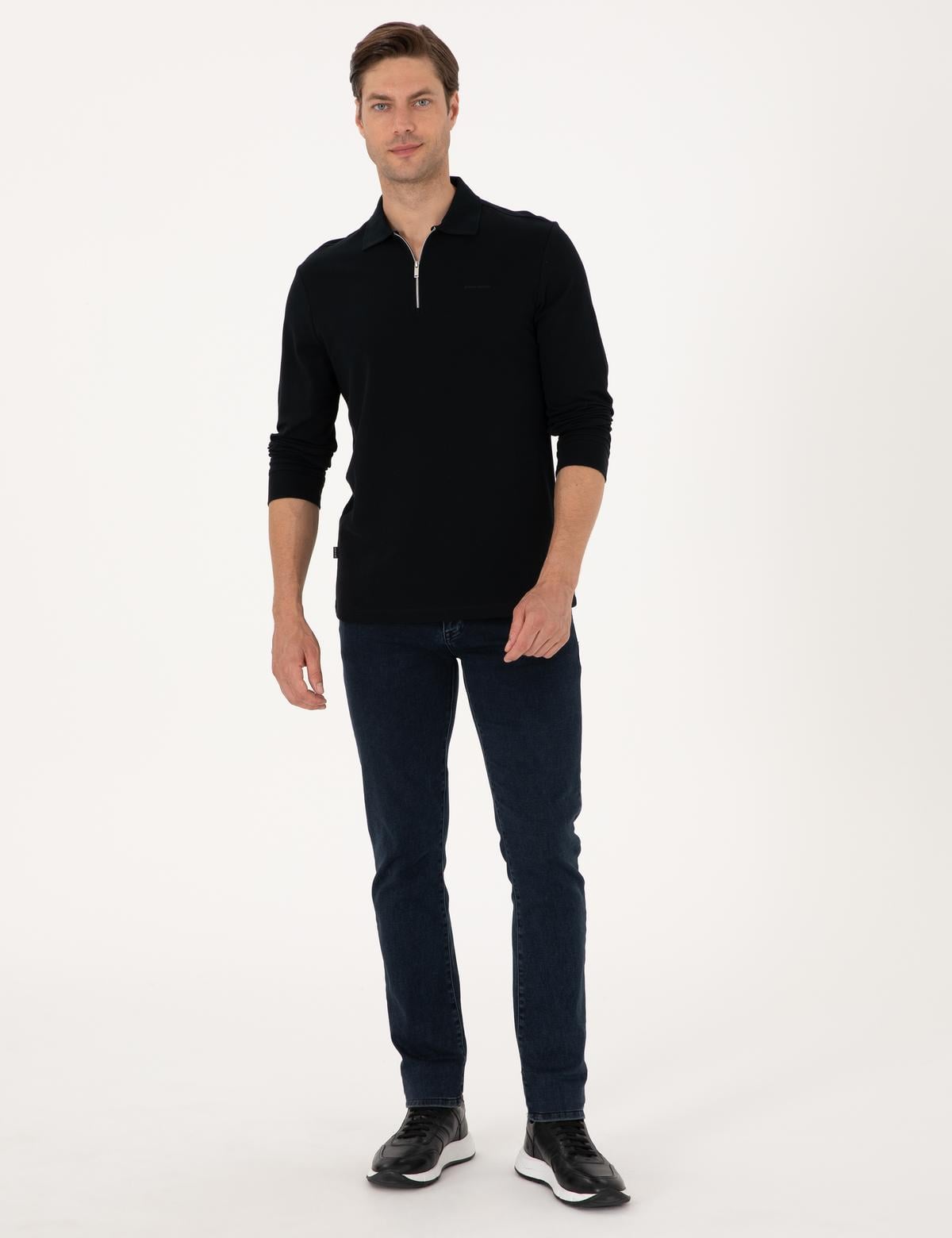 Siyah Slim Fit Kıvrılmaz Fermuarlı Polo Yaka Basic Pike Sweatshirt - 50314046007