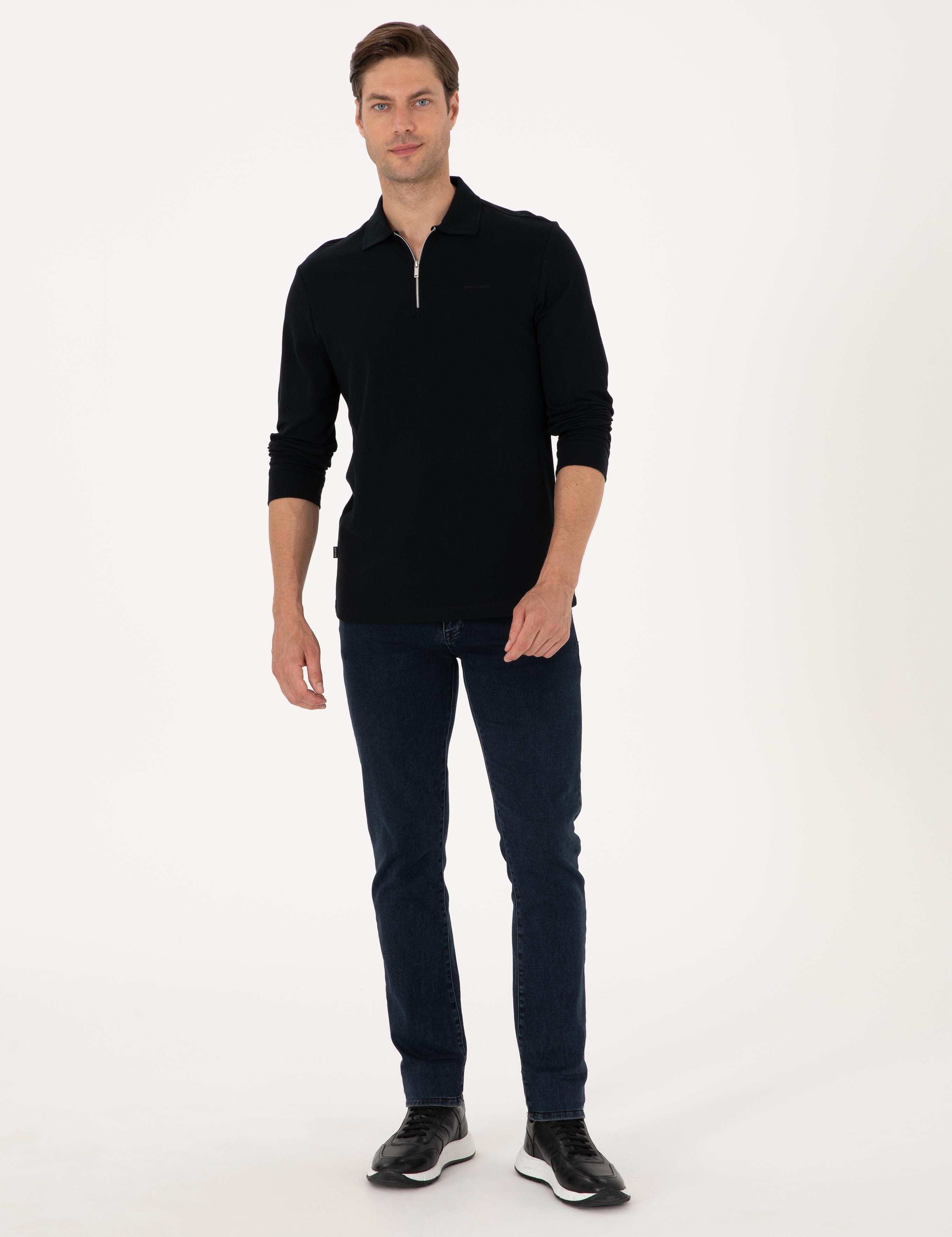 Siyah Slim Fit Kıvrılmaz Fermuarlı Polo Yaka Basic Pike Sweatshirt