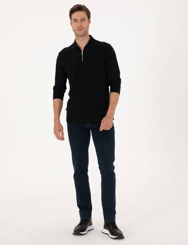 Siyah Slim Fit Kıvrılmaz Fermuarlı Polo Yaka Basic Pike Sweatshirt