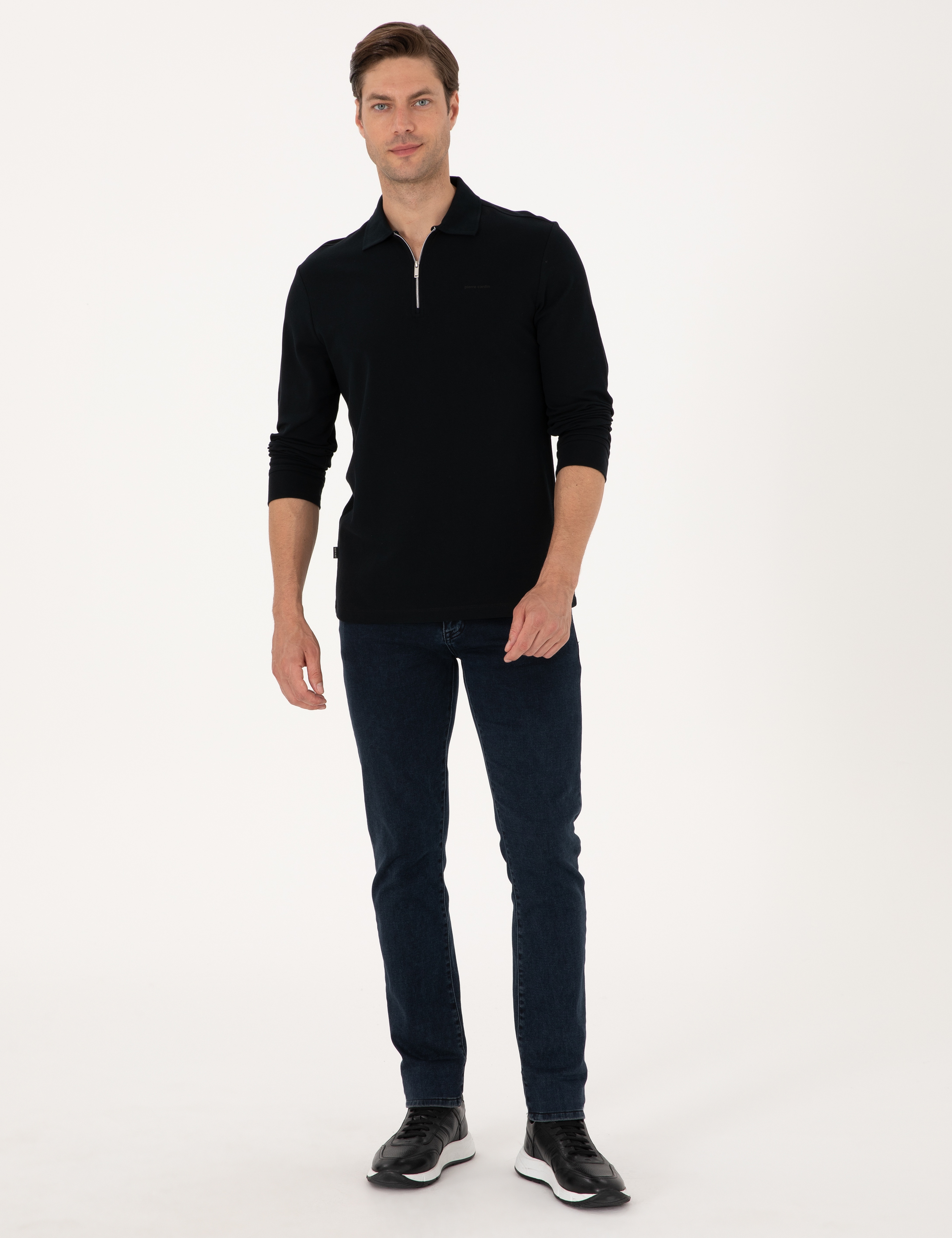 Siyah Slim Fit Kıvrılmaz Fermuarlı Polo Yaka Basic Pike Sweatshirt - Image 4