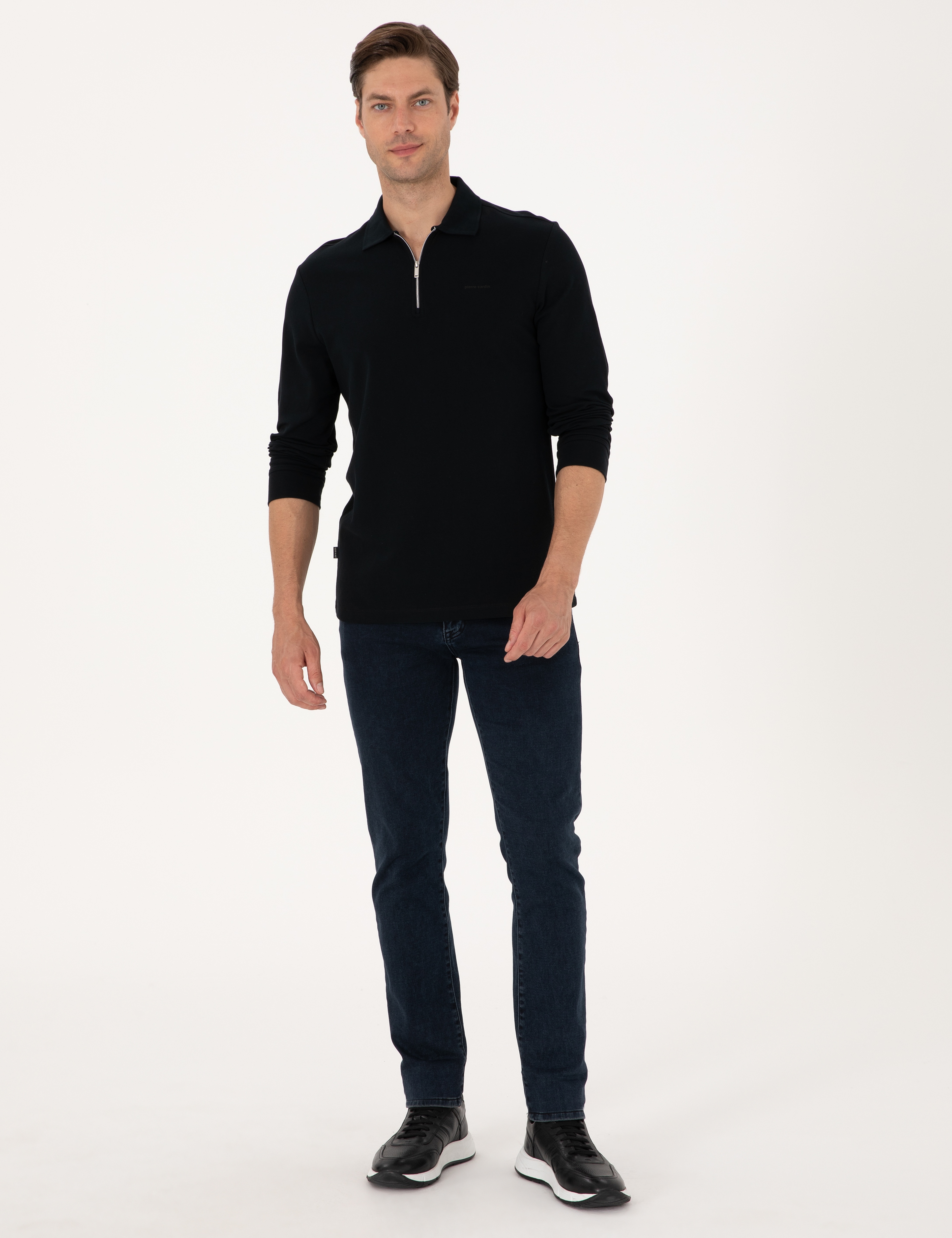 Siyah Slim Fit Kıvrılmaz Fermuarlı Polo Yaka Basic Pike Sweatshirt