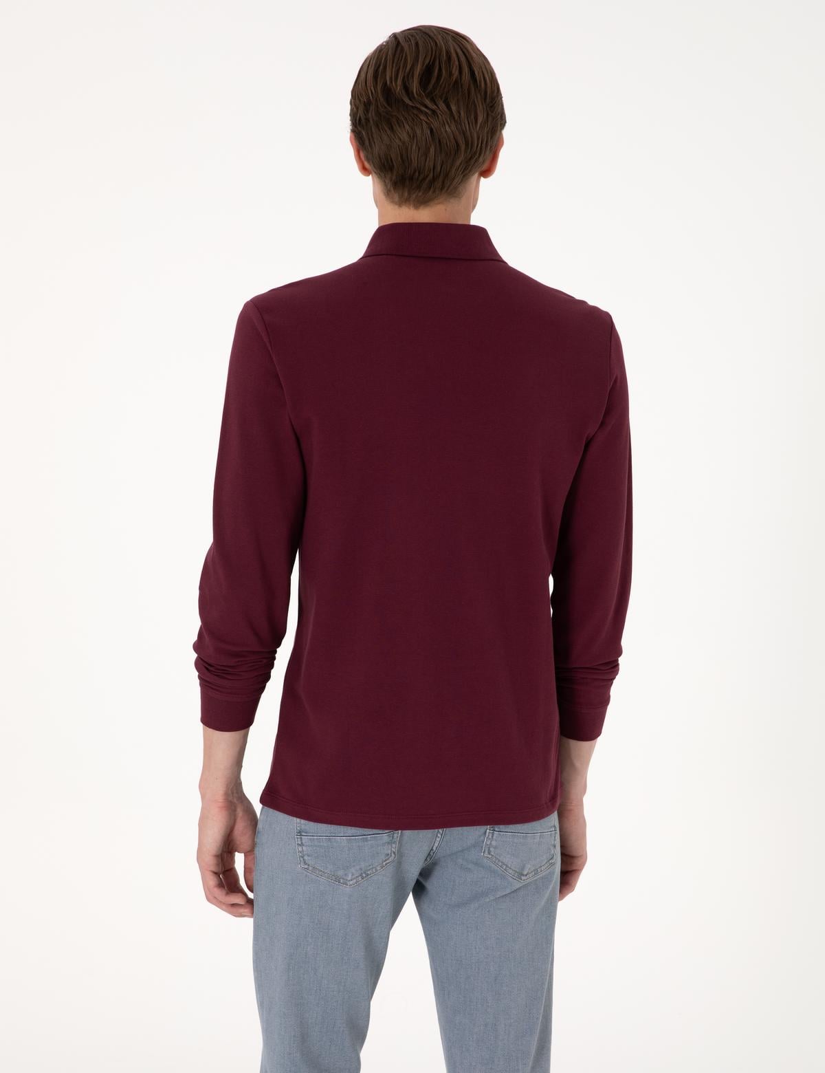Bordo Slim Fit Kıvrılmaz Polo Yaka Basic Pike Sweatshirt - 50314048015