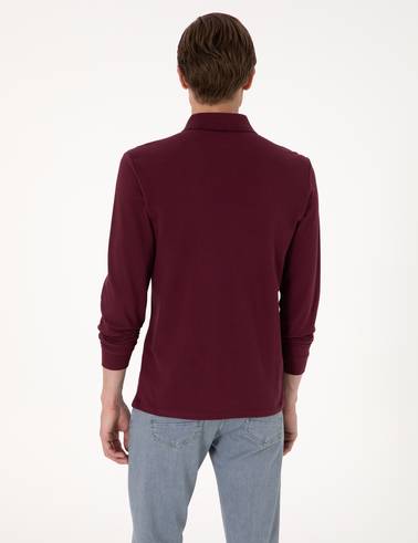 Bordo Slim Fit Kıvrılmaz Polo Yaka Basic Pike Sweatshirt
