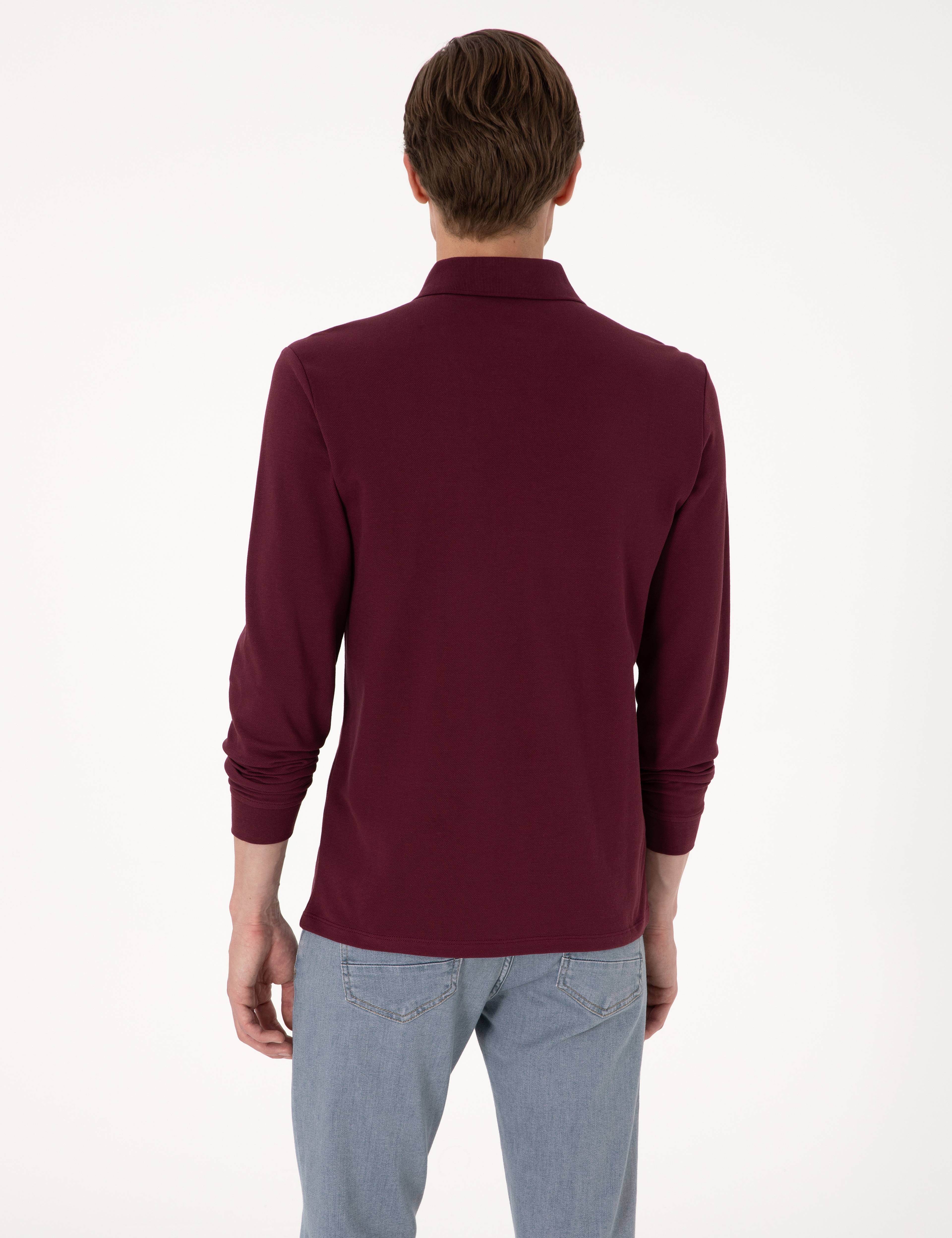 Bordo Slim Fit Kıvrılmaz Polo Yaka Basic Pike Sweatshirt - Image 5