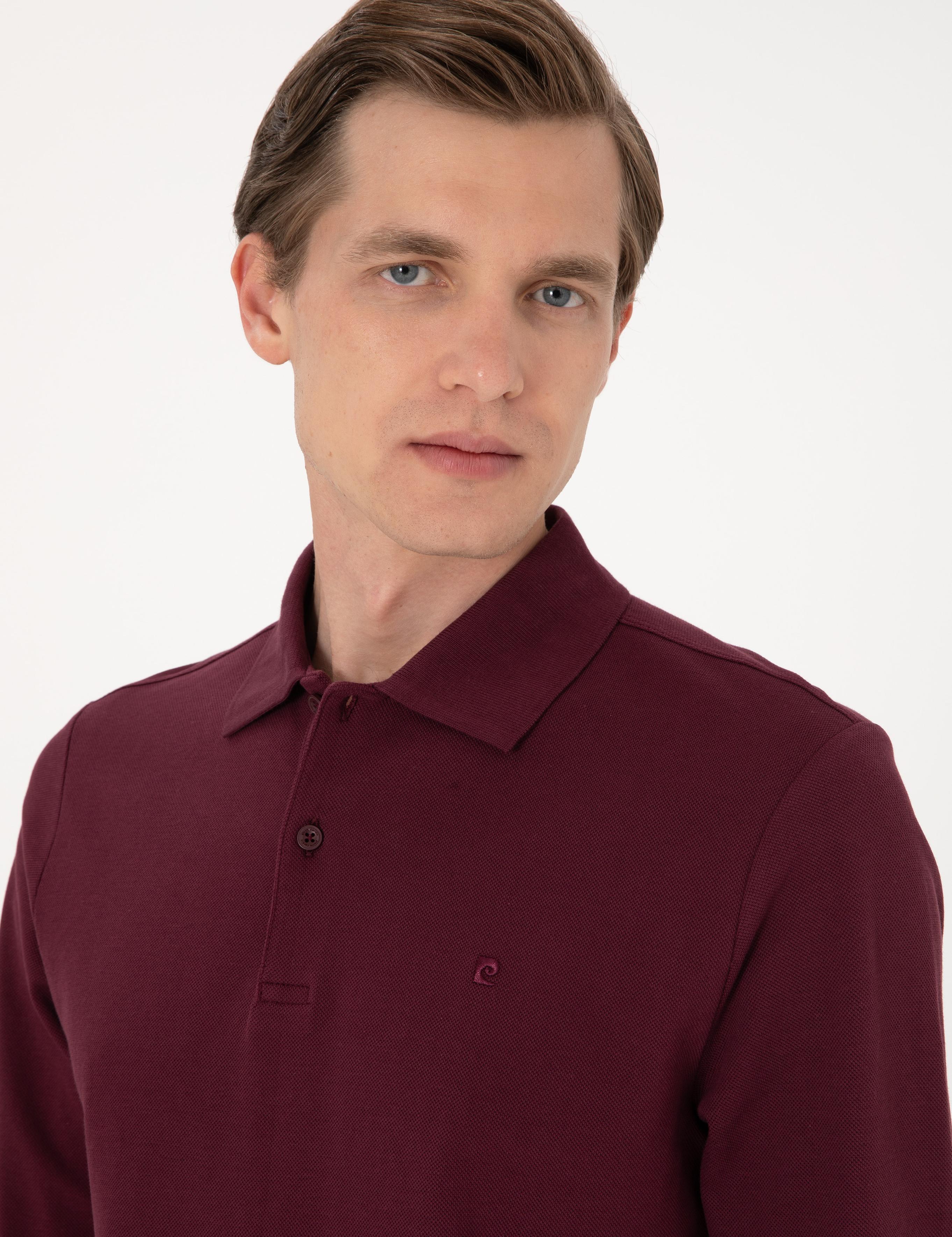 Bordo Slim Fit Kıvrılmaz Polo Yaka Basic Pike Sweatshirt