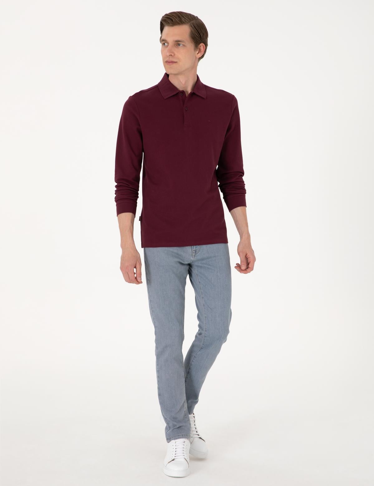 Bordo Slim Fit Kıvrılmaz Polo Yaka Basic Pike Sweatshirt - 50314048015