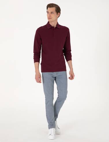 Bordo Slim Fit Kıvrılmaz Polo Yaka Basic Pike Sweatshirt