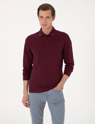 Bordo Slim Fit Kıvrılmaz Polo Yaka Basic Pike Sweatshirt