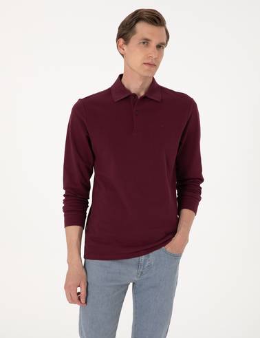 Bordo Slim Fit Kıvrılmaz Polo Yaka Basic Pike Sweatshirt