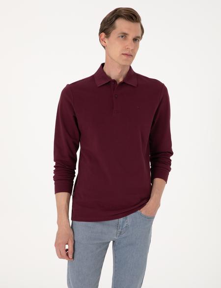 Bordo Slim Fit Kıvrılmaz Polo Yaka Basic Pike Sweatshirt - 50314048015